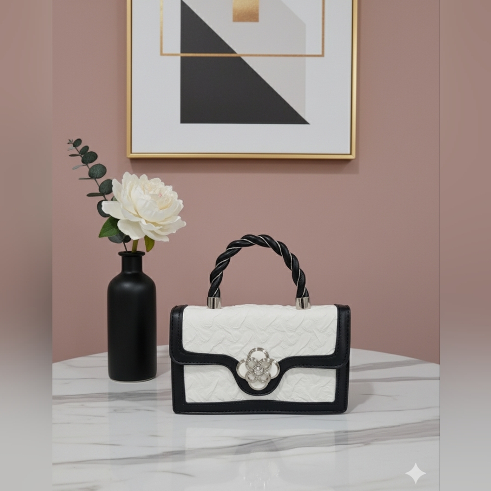 Chic Black/White Textures Floral Mini Crossbody Top Handle Bag w/Twilly - Picture 13 of 13